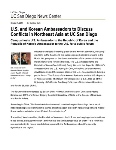 U.S. and Korean Ambassadors to Discuss Conflicts in Northeast Asia at UC San Diego