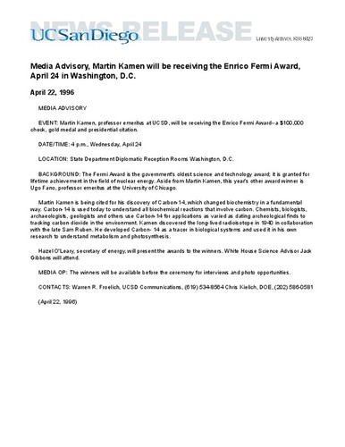 Media Advisory, Martin Kamen will be receiving the Enrico Fermi Award, April 24 in Washington, D.C