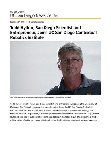 Todd Hylton, San Diego Scientist and Entrepreneur, Joins UC San Diego Contextual Robotics Institute