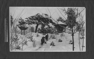 Campus in snow with bell and pagoda, Yenching University, Beijing, China, 1931