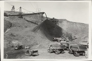 Hopper and loading trucks, Oroville Dam
