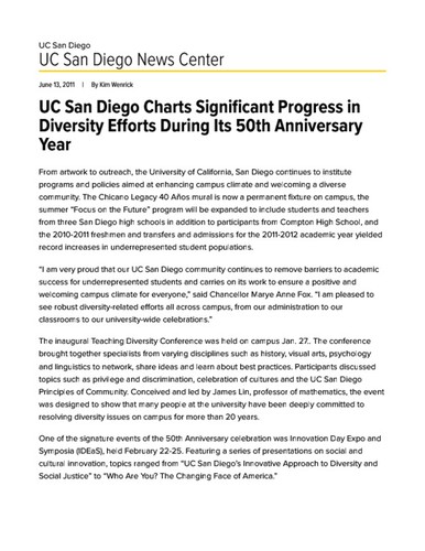 UC San Diego Charts Significant Progress in Diversity Efforts During Its 50th Anniversary Year