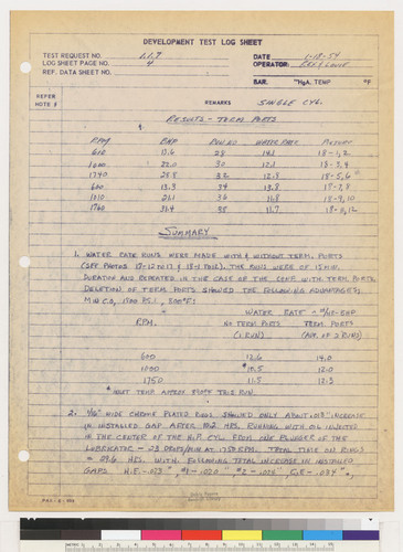 Development Test Log Sheet, page 4, 1954