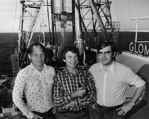 INTERNATIONAL SCIENTISTS ON LEG 37 - West Germany was represented on the expedition by Dr. Martin Flower, left; Russia by Dr. Leonid Dmitriev, center, and France by Dr. Henri Bougault. D/V GLOMAR CHALLENGER was streaming toward Dublin, Ireland, when this picture was taken