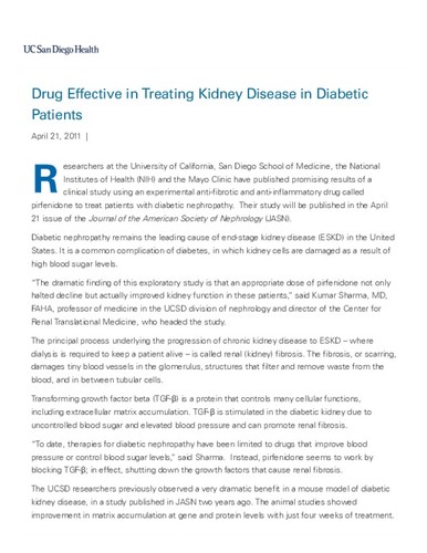 Drug Effective in Treating Kidney Disease in Diabetic Patients