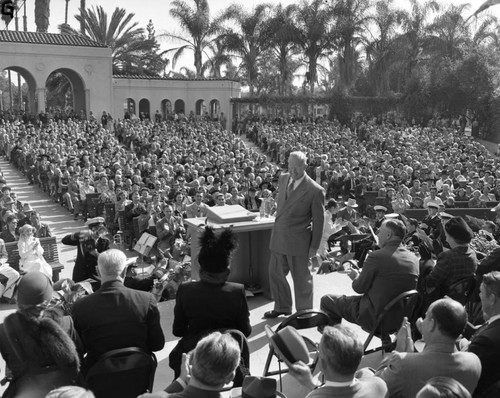 Governor Earl Warren at a political rally during his campaign for Vice President on the Dewey/Warren ticket, Pearson Park, Anaheim, October 30, 1948