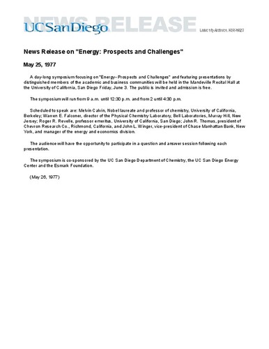 News Release on "Energy: Prospects and Challenges"