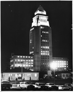 City Hall tower after a lapse of nearly 20 years, shines forth again, thanks to an order by the Board of Public Works, 1958