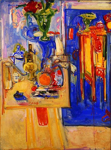 Table with Teakettle, Green Vase, and Red Flowers