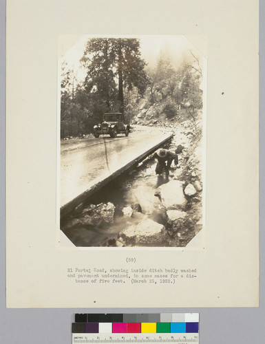 El Portal Road, showing inside ditch badly washed and pavement undermined, in some cases for a distance of five feet. (March 25, 1928.)