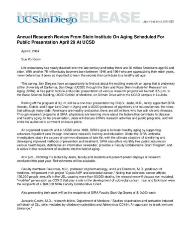 Annual Research Review From Stein Institute On Aging Scheduled For Public Presentation April 29 At UCSD
