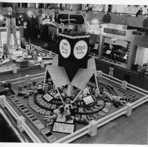 An elevated view of Merced County's exhibit booth at the California State Fair. This was the last fair held at the old fair grounds