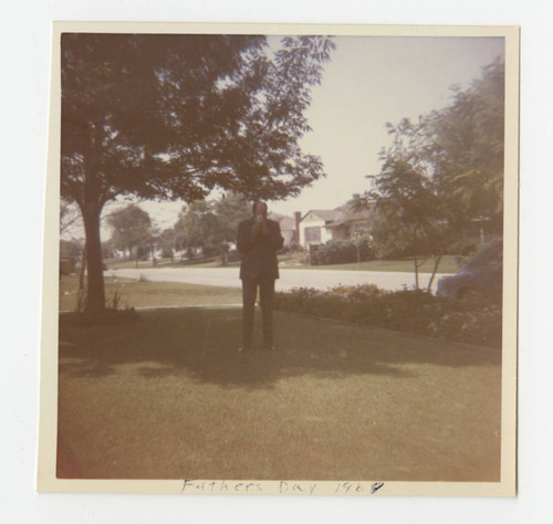 Rodrigo Gurrola on the front lawn of his house, Whittier, California