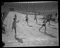 Frank Lombardi, Dave Zaun, Franny Kilfoil, Marzetta West, and Frank Wykoff run across the finish line, Los Angeles, 1928