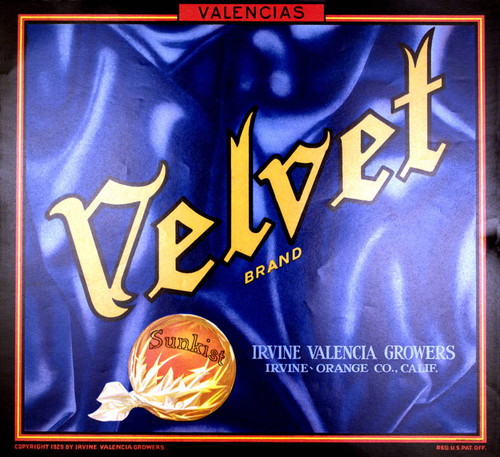 Velvet Sunkist Brand Valencias, Irvine Valencia Growers fruit crate label, 1929