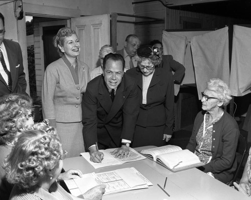 United State Senator Thomas H. Kuchel votes on primary election day, Anaheim, June 6, 1954