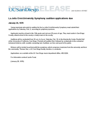 La Jolla Civic/University Symphony audition applications due
