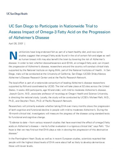 UCSD to Participate in Nationwide Trial to Assess Impact of Omega-3 Fatty Acid on the Progression of Alzheimer’s Disease | News from UC San Diego