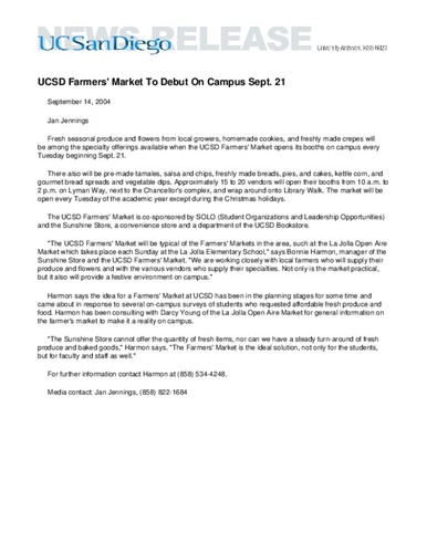 UCSD Farmers' Market To Debut On Campus Sept. 21