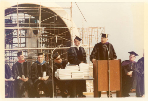Spring Commencement in front of Stauffer Chapel under construction, 1973