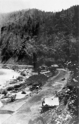 Construction of railroad track bed in Feather River Canyon