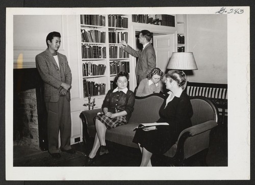 In the living room at Pendle Hill, a Quaker graduate school at Wallingford, Pennsylvania. From left to right: Jyuichi Sato