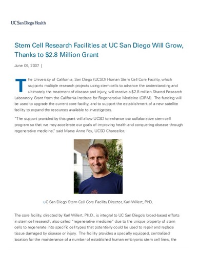 Stem Cell Research Facilities at UC San Diego Will Grow, Thanks to $2.8 Million Grant