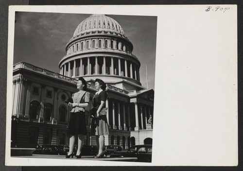 Jane Oi from the Granada Relocation Center and Sally Tsujimoto from the Manzanar Center visit the capital in Washington, D.C