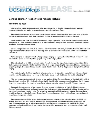 Bernice Johnson Reagon to be regents' lecturer