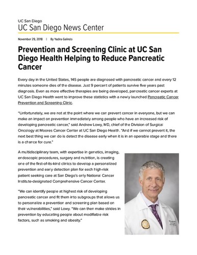 Prevention and Screening Clinic at UC San Diego Health Helping to Reduce Pancreatic Cancer