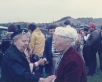 Milvala Borgeson Wells talking with Karin Connelly, 1985