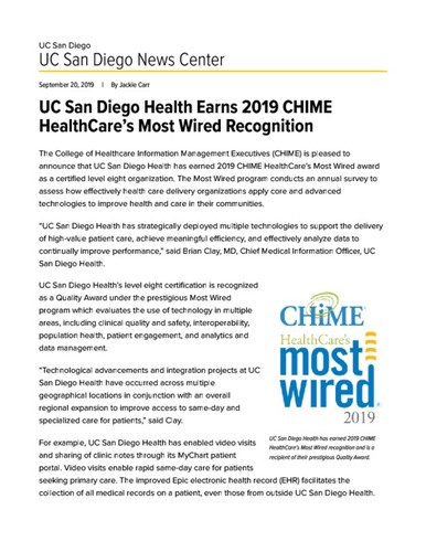 UC San Diego Health Earns 2019 CHIME HealthCare’s Most Wired Recognition