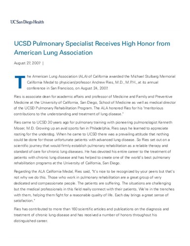 UCSD Pulmonary Specialist Receives High Honor from American Lung Association