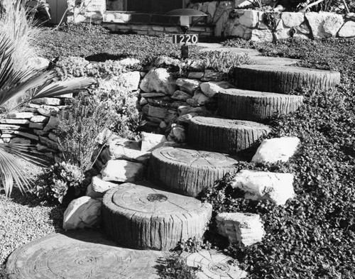 Concrete stepping stones at entrance to house