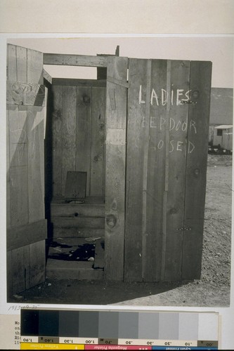 Most of the hundred-odd ladies for whom this toilet room is reserved - it's the only one available in a shipyard worker's auto camp - are counting the days until their husbands have made and saved enough money to enable them to quit the Richmond Shipyards and find jobs elsewhere, "even at smaller wages, but where living conditions are at least bearable."