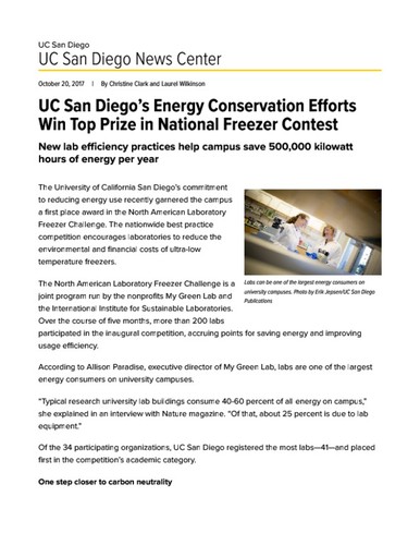 UC San Diego’s Energy Conservation Efforts Win Top Prize in National Freezer Contest