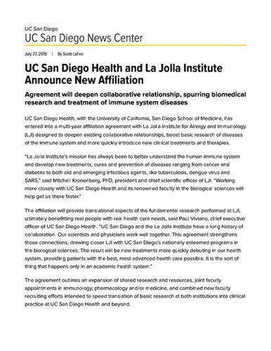 UC San Diego Health and La Jolla Institute Announce New Affiliation