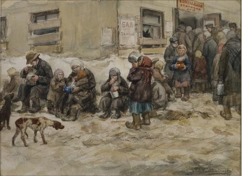 Ivan Vladimirov watercolor of the hungry eating at the doors of a communal dining room