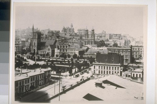 Union Square, looking northwest. Trinity Church to the left; Temple Emanuel center; Huntington and Stanford homes in the background. 1880