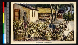 Men husking maize, Central African Republic, ca.1930