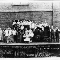 Copy Print: Group view of the Southern Pacific Railroad Company's Pattern Shop employees posing with their equipment. Note the individual employee is named