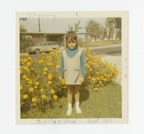 Sherry on her first day of school, Los Nietos, California