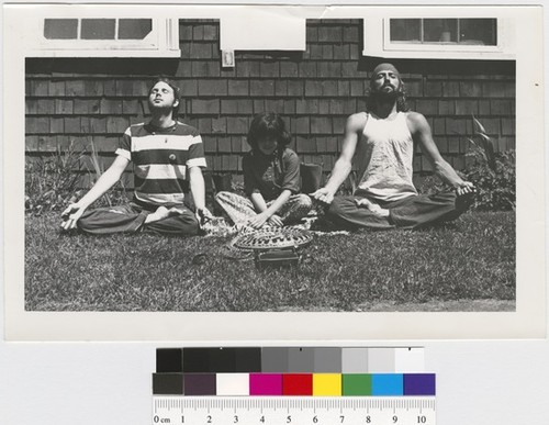 Hudson Marquez, Doug Michels, unidentified youth, meditation pose (Goddard College, VT, Summer 1970)