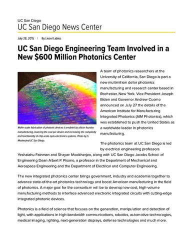 UC San Diego Engineering Team Involved in a New $600 Million Photonics Center