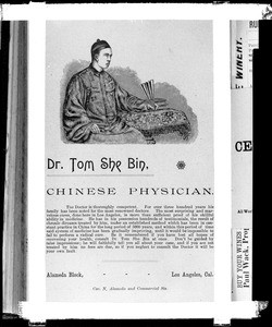 Advertisement from the Los Angeles City Directory for physician Dr. Tom She Bin, 1892