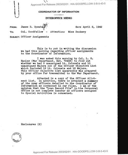 James B. Opsata memo to Col. Goodfellow concerning officer assignments, with attachment