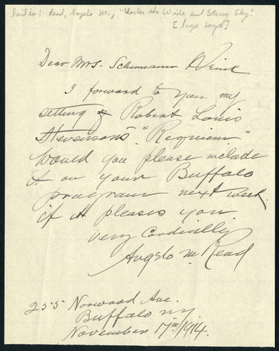 Angelo M. Read letter to Schumann-Heink, 1914 November 17