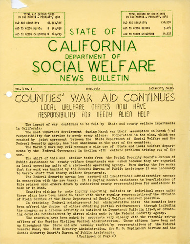 "State of California Department of Social Welfare News Bulletin"