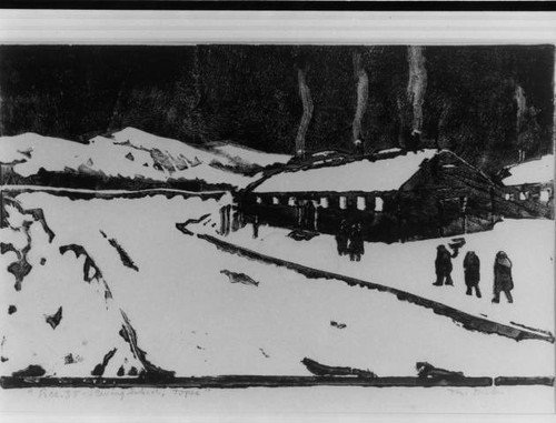 Woodcut print of Topaz Relocation Center barracks in snow