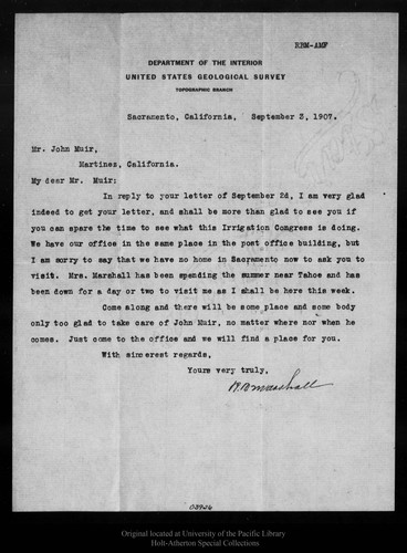 Letter from R. B. Marshall to John Muir, 1907 Sep 3